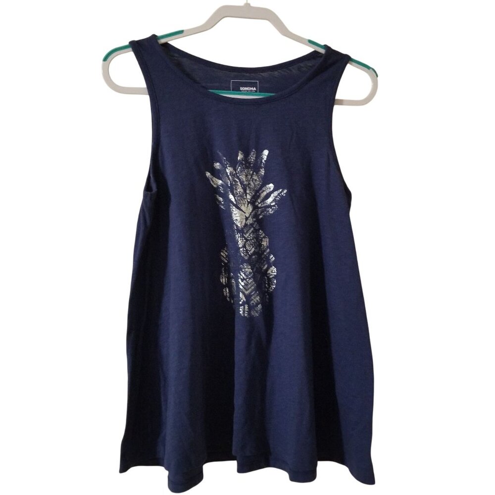 Sonoma Womens Navy Blue Sleeveless Tank Top With Gold Pineapple Print M Cotton/P